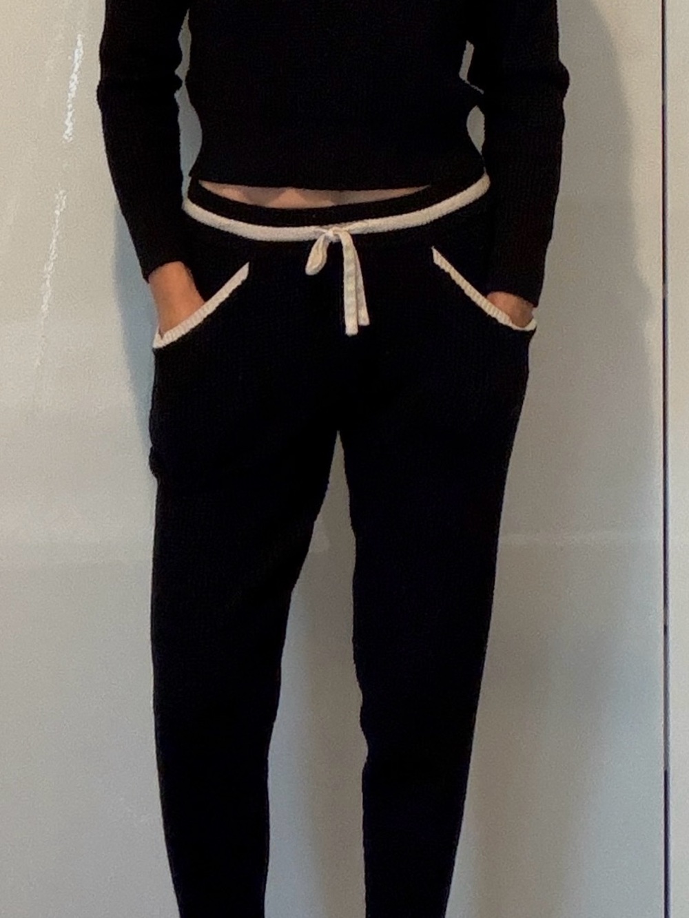 Monrow Black Knit Joggers with Cream Trim